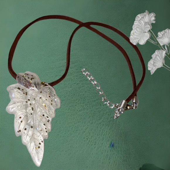 Hand Crafted Jewelry - Hand Crafted Necklace Leaf Gold on Brown Faux Suede Cord Adjustable Silver